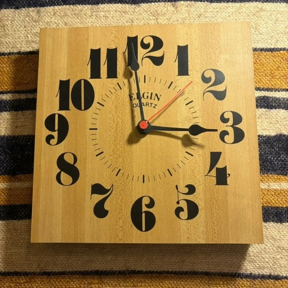 Elgin Quartz Wall Clock 8in Wood Square Vintage MCM Style Analog Home Decor